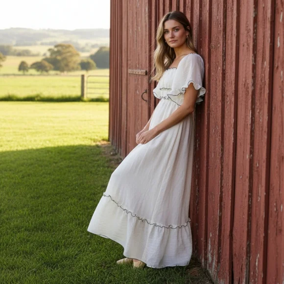 Flutter Sleeve Ruffled Empire Waist Square Neck Contrast Trim Tiered Maxi Dress - Picture 12 of 14